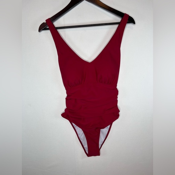 AI’Mage sz XL ruched tummy control v neck cross back one piece swimsuit wine red - Picture 4 of 7